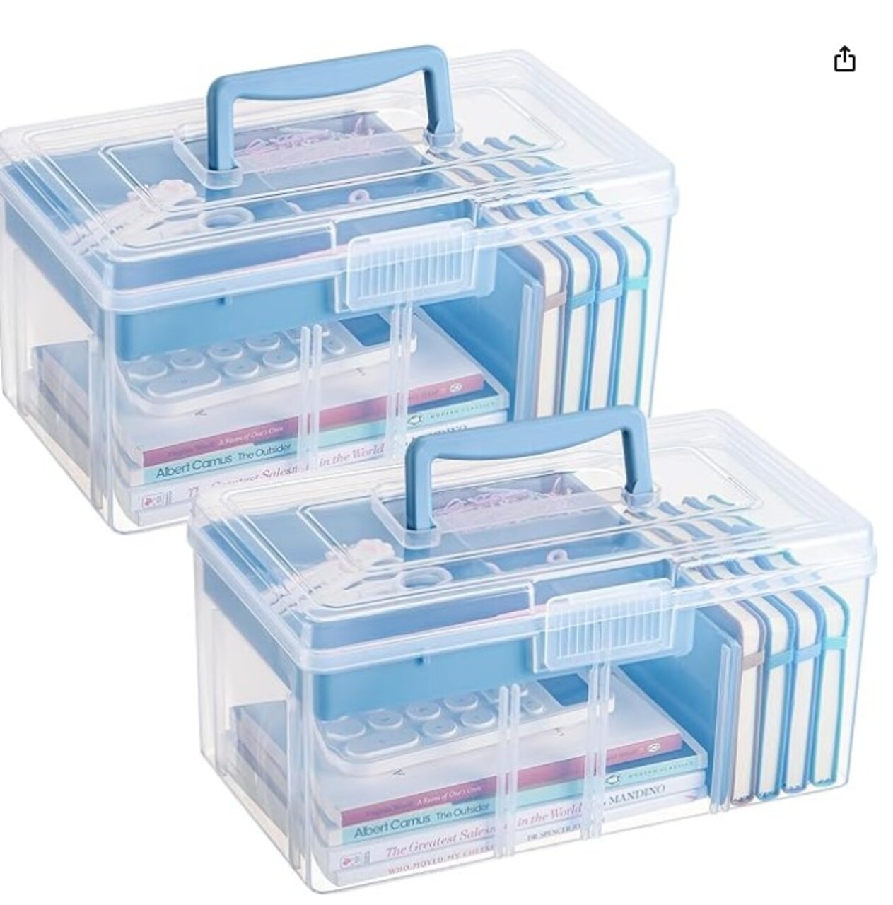 2 x 2 layered clear plastic divider storage boxes with removable tray 11.42x6.3x5.71 In(Blue) Multipurpose Stationery Storage Box with Handle Portable Sewing Box Transparent Case for Home